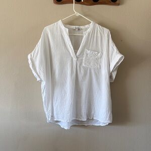 Madewell White 100% Cotton Sheer Short Sleeve Split V Neck Pocket Blouse size XL